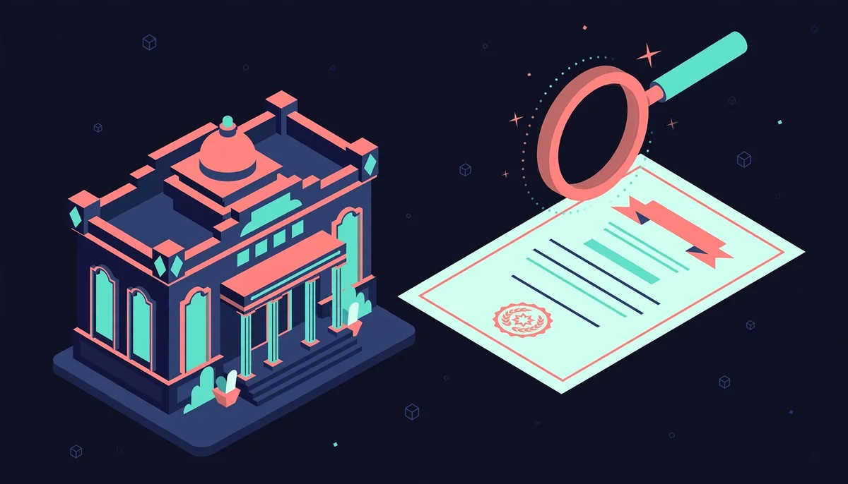Isometric casino and licence document with magnifying glass